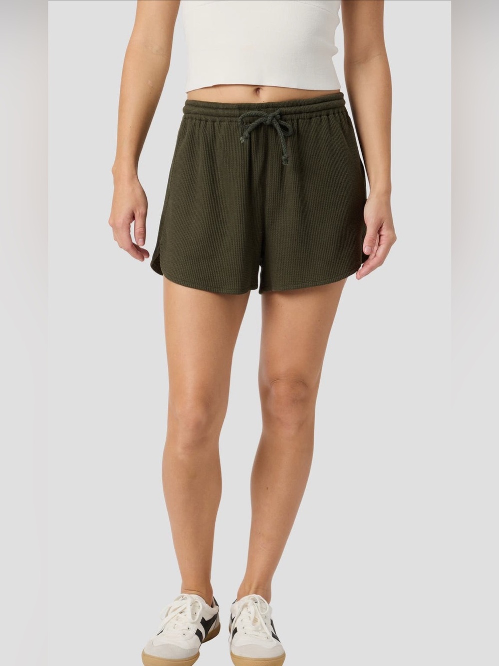 All in Favor Waffle Knit Dolphin Hem Shorts in Moss